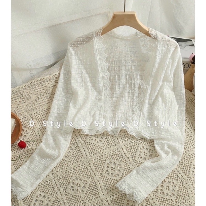 Áo khoác ren mỏng hoa nổi không nút viền bèo