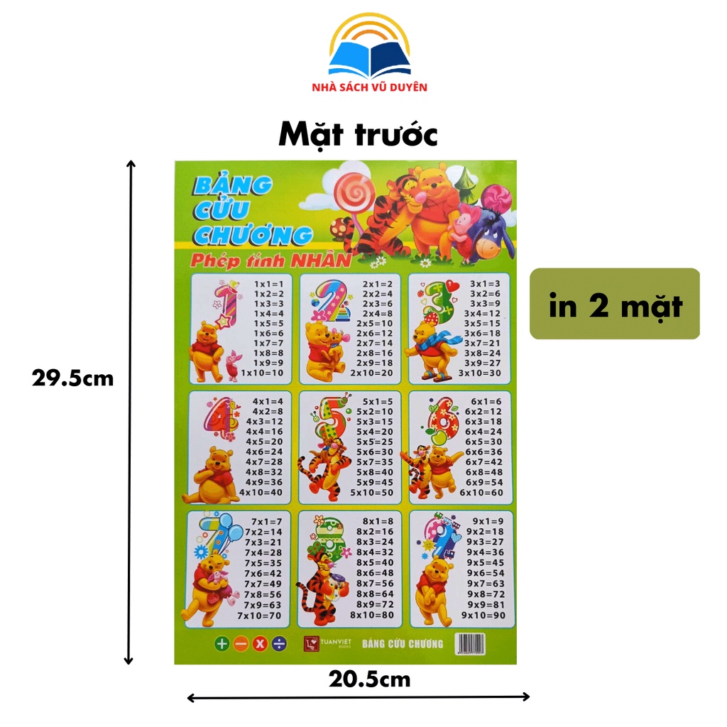 Bảng cửu chương phép tính cộng trừ, nhân chia in 2 mặt Vũ Duyên