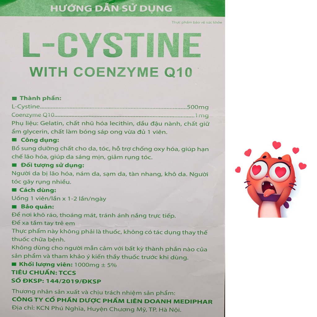 Viên mọc tóc L cystine 500mg ngăn ngừa mụn, giúp da sáng mịn, chống lão hóa - Hộp 60 viên nang