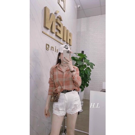 ÁO SƠ MI NỮ KẺ DÀI TAY DÁNG THỤNG FREESIZE