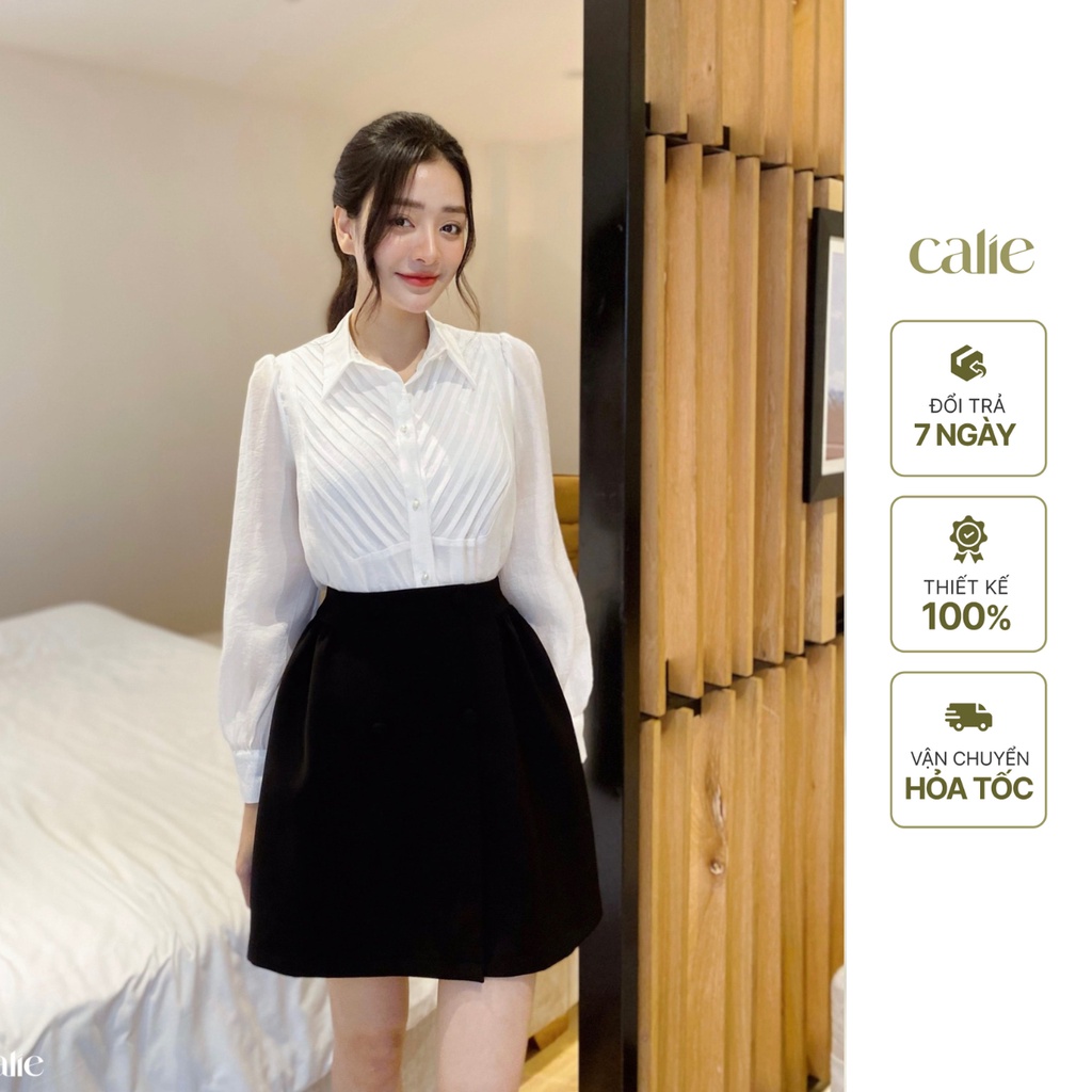 Áo sơ mi nữ dài tay tơ cách điệu xếp ly ngực Calie AS192