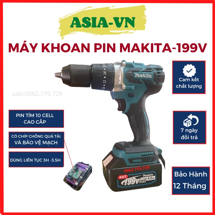 máy khoan pin, máy khoan pin makita 199v, động cơ không chổi than,100% dây đồng