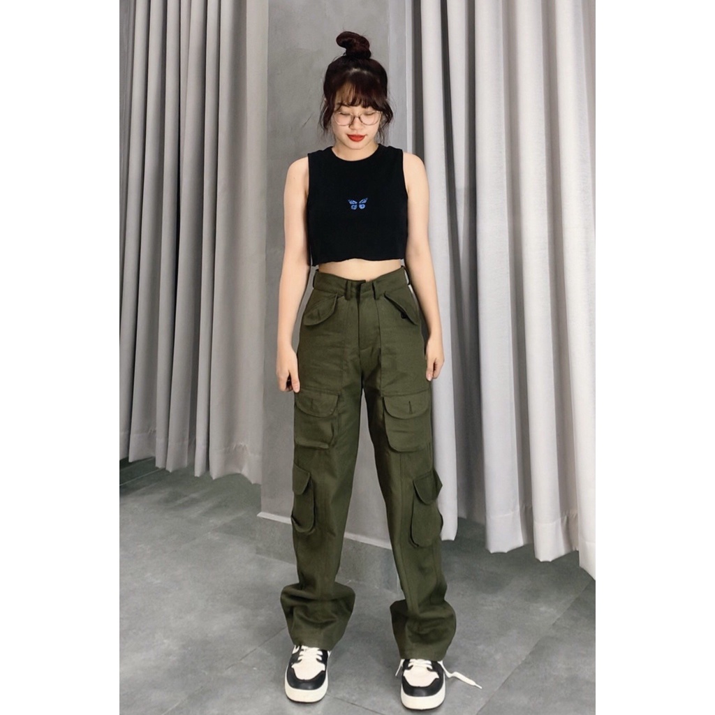 Quần kaki dài xuông ống rộng túi hộp đen trơn thời trang cho nam / nữ In store -hình thật | BigBuy360 - bigbuy360.vn