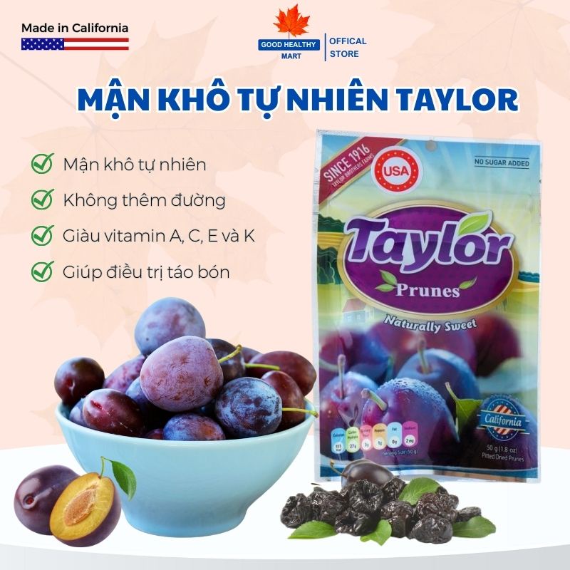 Mận khô Taylor Prunes Naturally Tự Nhiên Giảm Táo Bón Cho Bé Mẹ Bầu Không Hạt Không Thêm Đường Nhập Khẩu Mỹ 50g