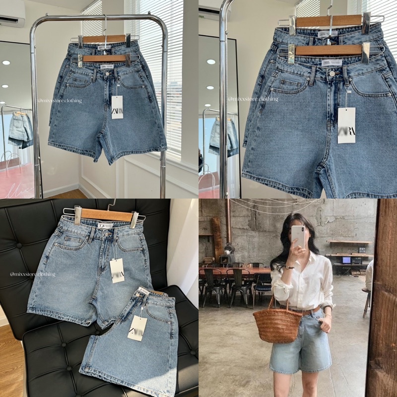 Quần short jean ngố lưng cao Z a ra chuẩn xịn chất cotton phom suông rộng thời trang