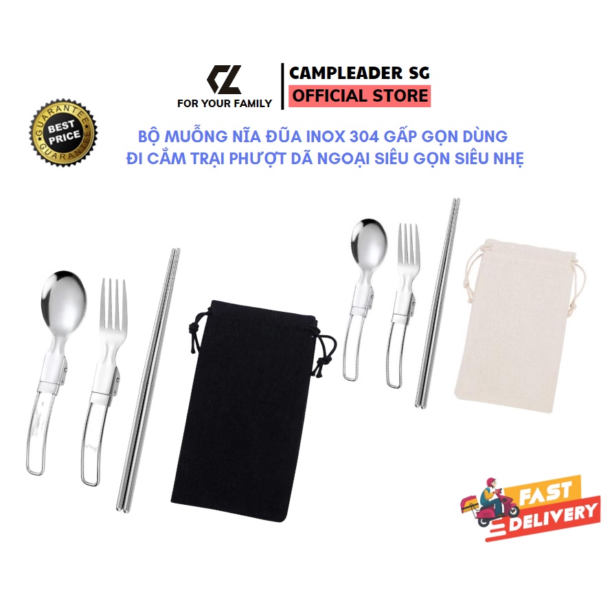 Bộ muỗng nĩa đũa inox 304 chuyên dụng cho cắm trại SUS 304 an toàn khi sử dụng đi phượt leo núi tiệc BBQ - Campleader SG