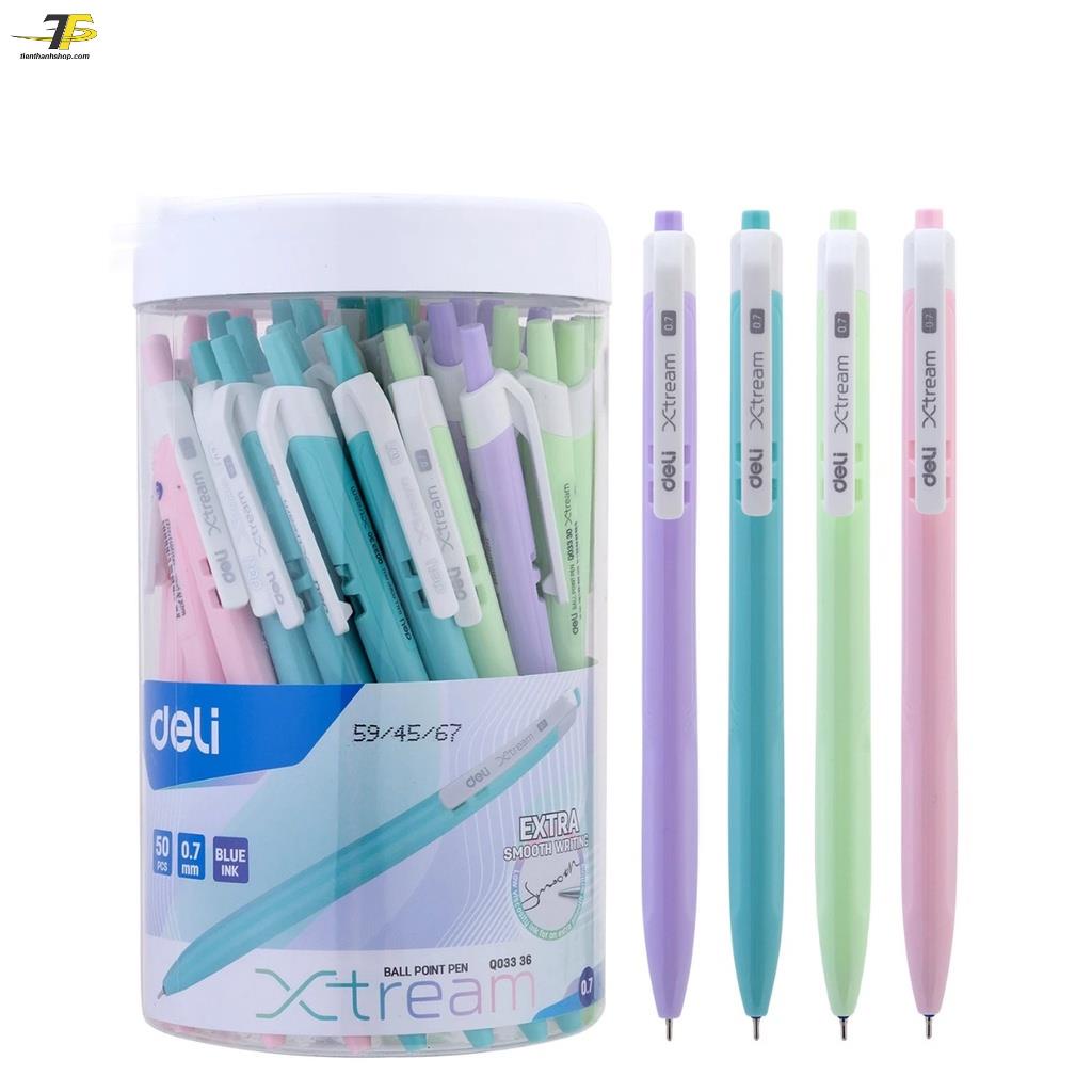 Bút bi bấm cao cấp mực xanh ngòi 0.7mm - DELI Q03336 , viết nét đều trơn tru