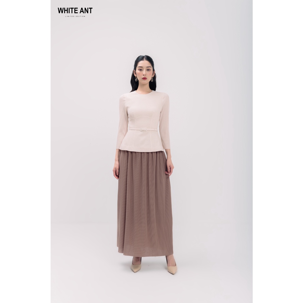 Áo Peplum Cổ Tròn Có Dây Đai Và Chân Váy Xòe Dáng Dài Cạp Phối Nữ White Ant Hàng Thiết Kế Cao Cấp