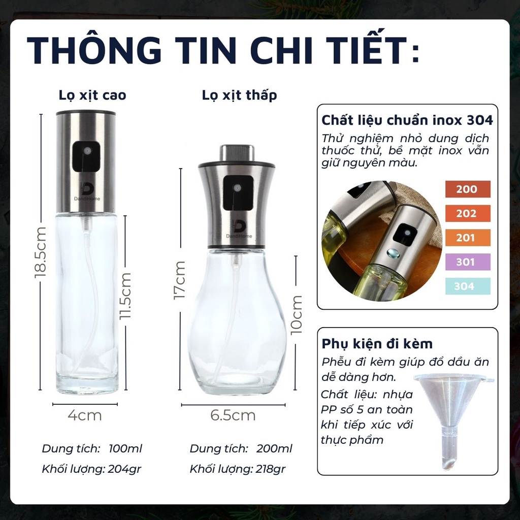 Bình xịt dầu ăn DandiHome dạng phun sương kèm phễu sử dụng cho vỉ nướng, nồi chiên không dầu trong nhà bếp