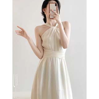 Váy trắng cổ yếm chiết eo hack dáng, đầm maxi dự tiệc, đi biển - panda love