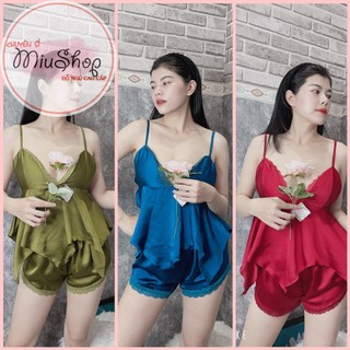 👉đồ ngủ 2 dây lụa satin có mút ngực đồ ngủ lụa satin cao cấp ren vây ngực