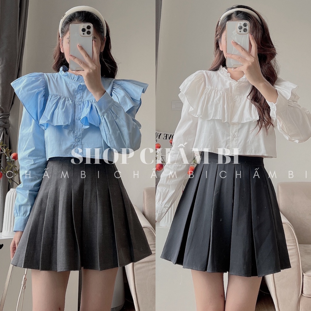 Áo sơ mi nữ dài tay A.439, Áo kiểu dáng croptop bèo vai cổ trụ bánh bèo cực xinh - Thời trang nữ Chấm Bi