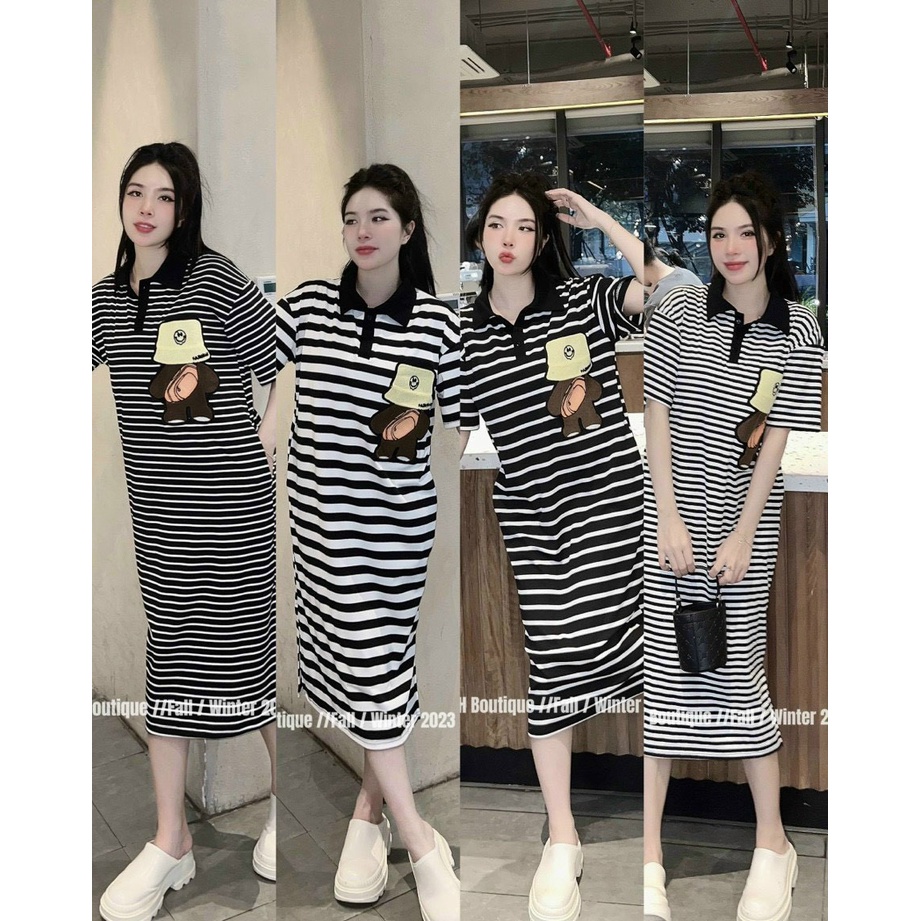 ĐẦM MIDI THUN SỌC CỔ BẺ