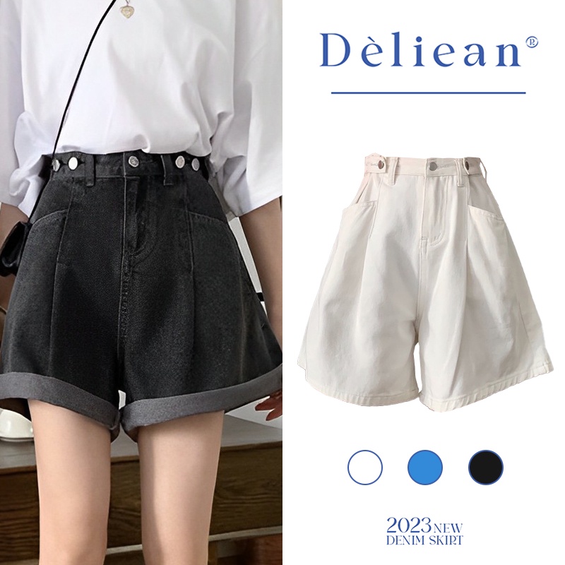 Quần short jean nữ ngố lửng form ống rộng cạp cao hack dáng, vải bò cao cấp màu trắng xám xanh sáng DÈLIEAN - QS0101