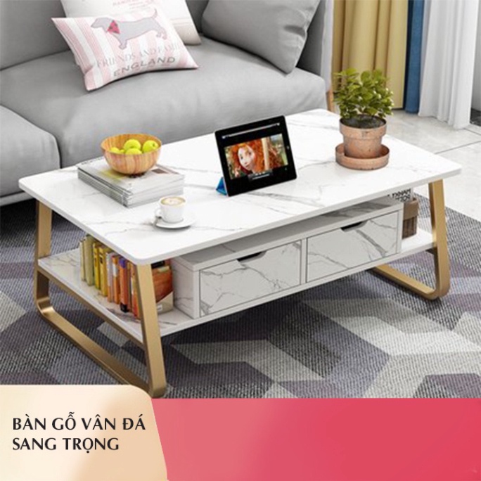 Bàn trà sofa phòng khách mặt gỗ họa tiết vân đá KT:100x50x42,Bàn uống nước 2 tầng khung thép chịu lực | BigBuy360 - bigbuy360.vn