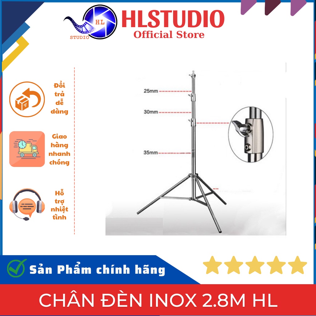 Chân đèn Inox 2.8m, Ốc Ren 1/4 3/8 HL Studio