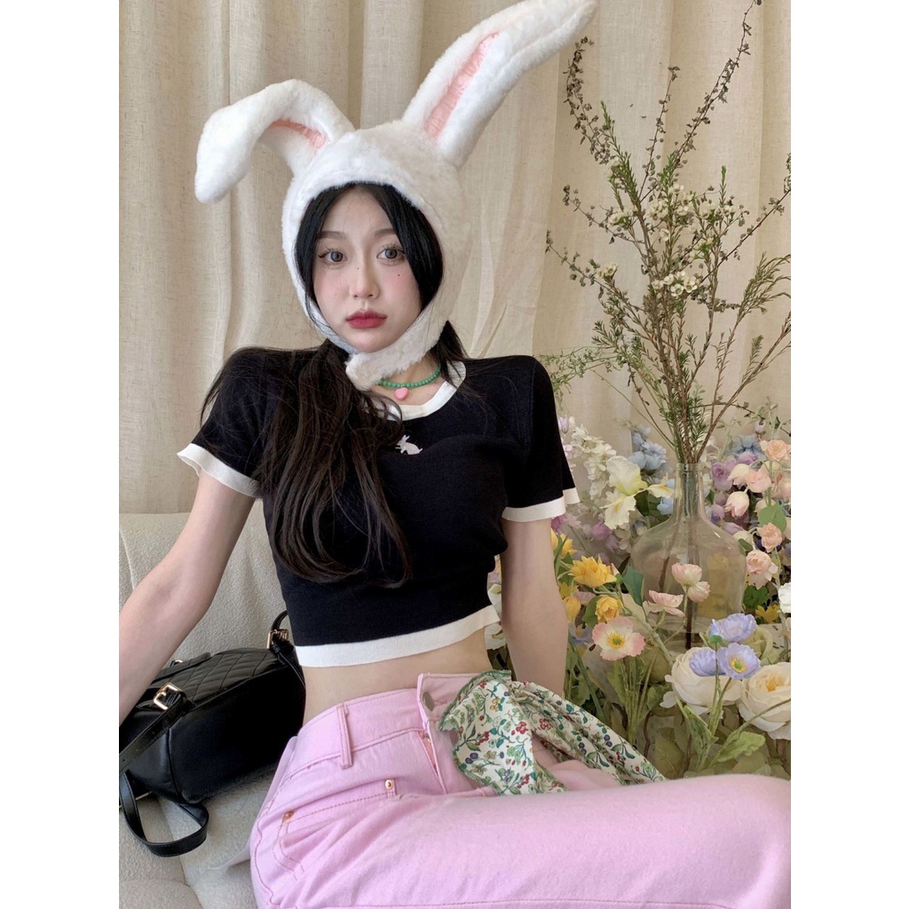 Lalisas Áo Croptop Dệt Kim Tay Ngắn Cổ Tròn Thời Trang Hàn Quốc vintage Quyến Rũ Cho Nữ