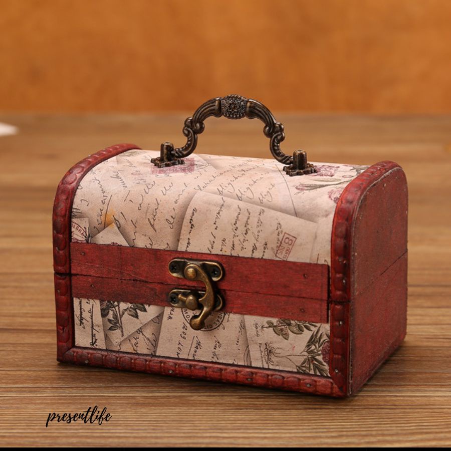 Hộp gỗ lưu trữ, thiết kế vintage, kích thước 15cm x 10cm x 9,5cm, đựng trang sức, món quà ý nghĩa.