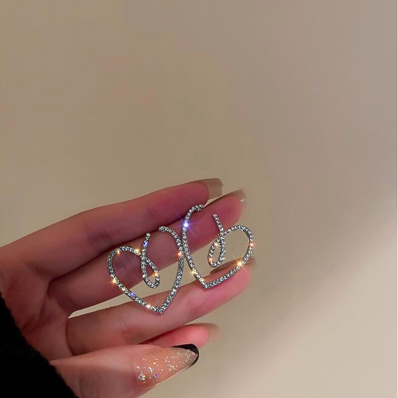 Bông tai nữ hoa tai kim bạc trái tim đính đá lấp lánh phong cách cá tính