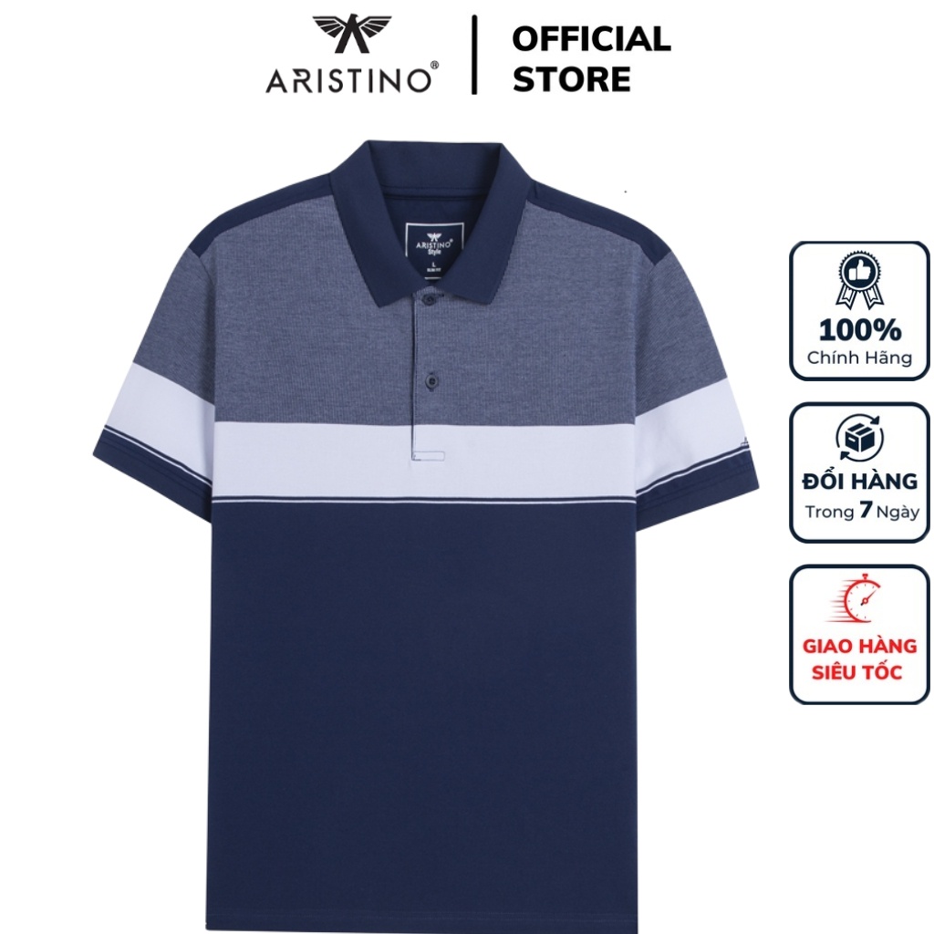 Áo thun polo nam Aristino APS121S3 phông ngắn tay cổ bẻ công sở màu xanh tím than 45 kẻ jacquard vải polyester thể thao