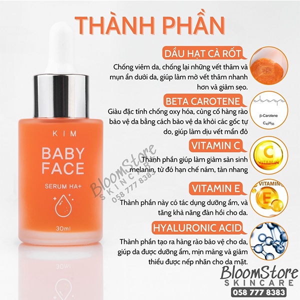Serum KIM BABY FACE HA+ Dưỡng Trắng Da Mặt Mờ Nám Tàn Nhang Chiết Xuất Cà Rốt