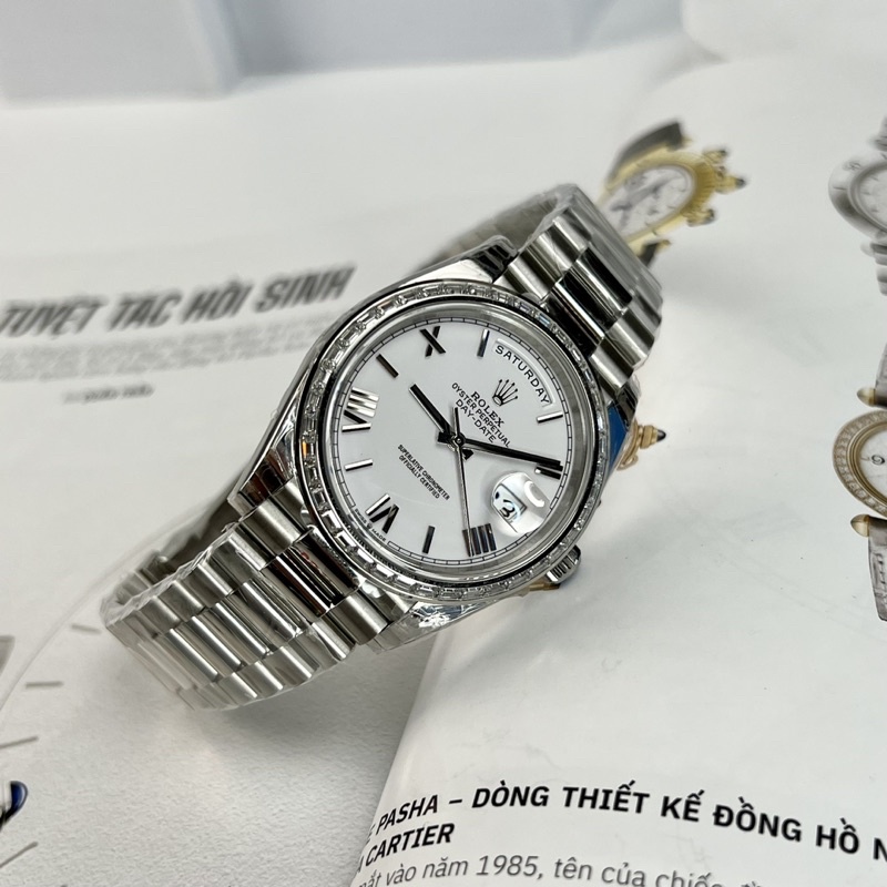 Đồng hồ nam Rolex Daydate size 41mm mặt trắng số la mã máy cơ Thuỵ Sỹ 3255
