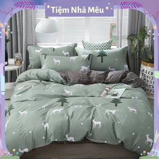 Bộ Chăn Ga Gối Cotton 3D✨m6/m8/2m-Tiệm Nhà Mêu✨Set 4 Món 2 Vỏ gối ,drap , vỏ chăn Cotton Hươu Trắng Nền Xanh Nhập Khẩu