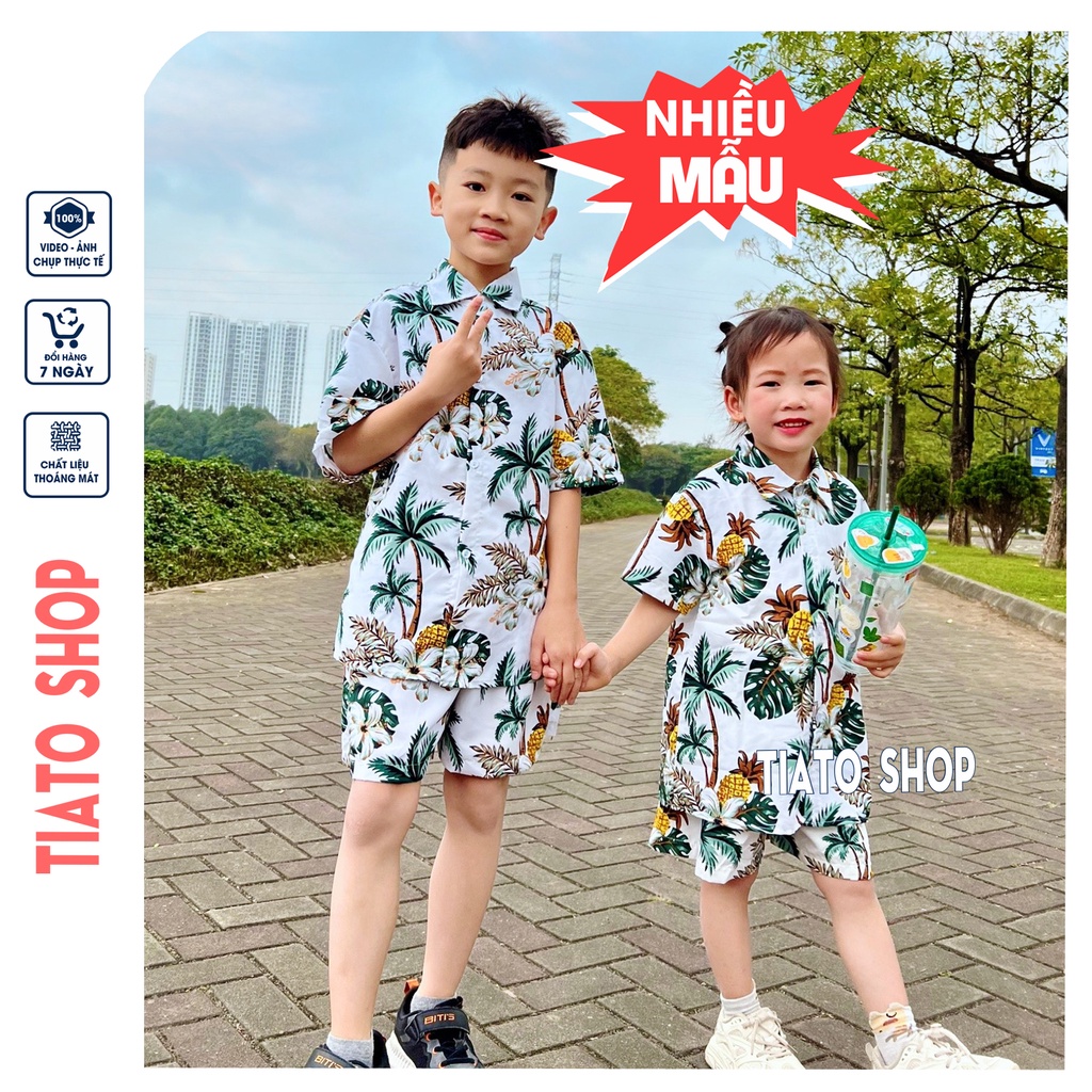 Bộ đồ hè, cộc tay bé trai, bé gái, lanh trái cây, áo hoa đi biển, sơ mi hoa lá