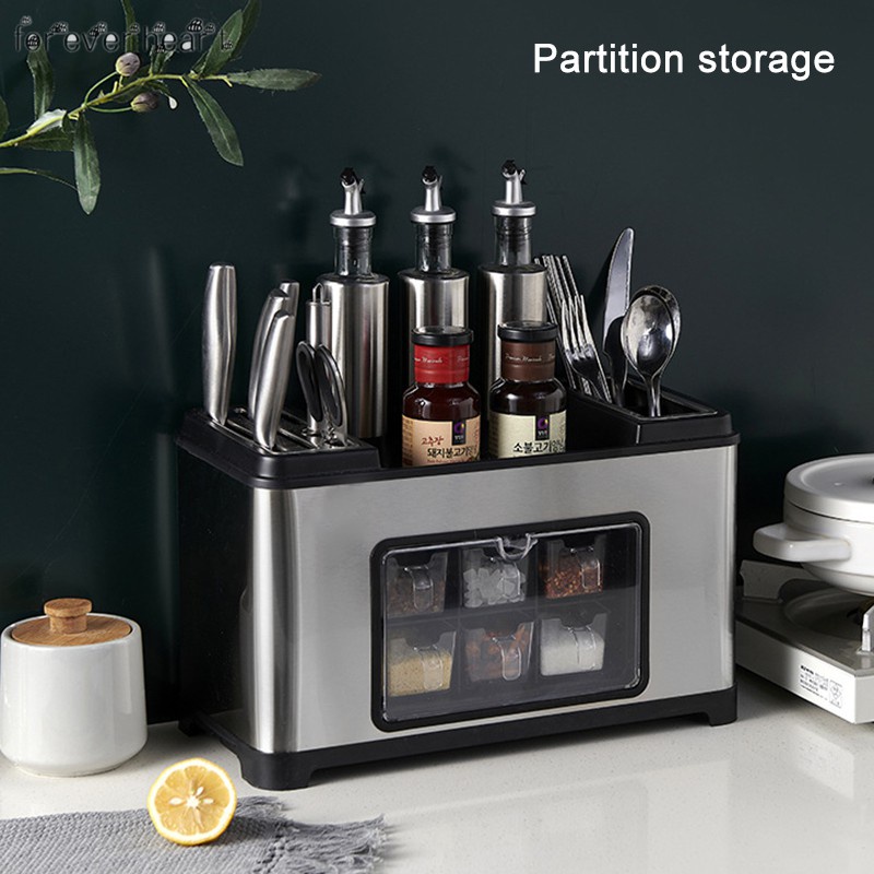 Kệ gia vị nhà bếp kèm giá dao, đũa, thìa inox 304 cao cấp1