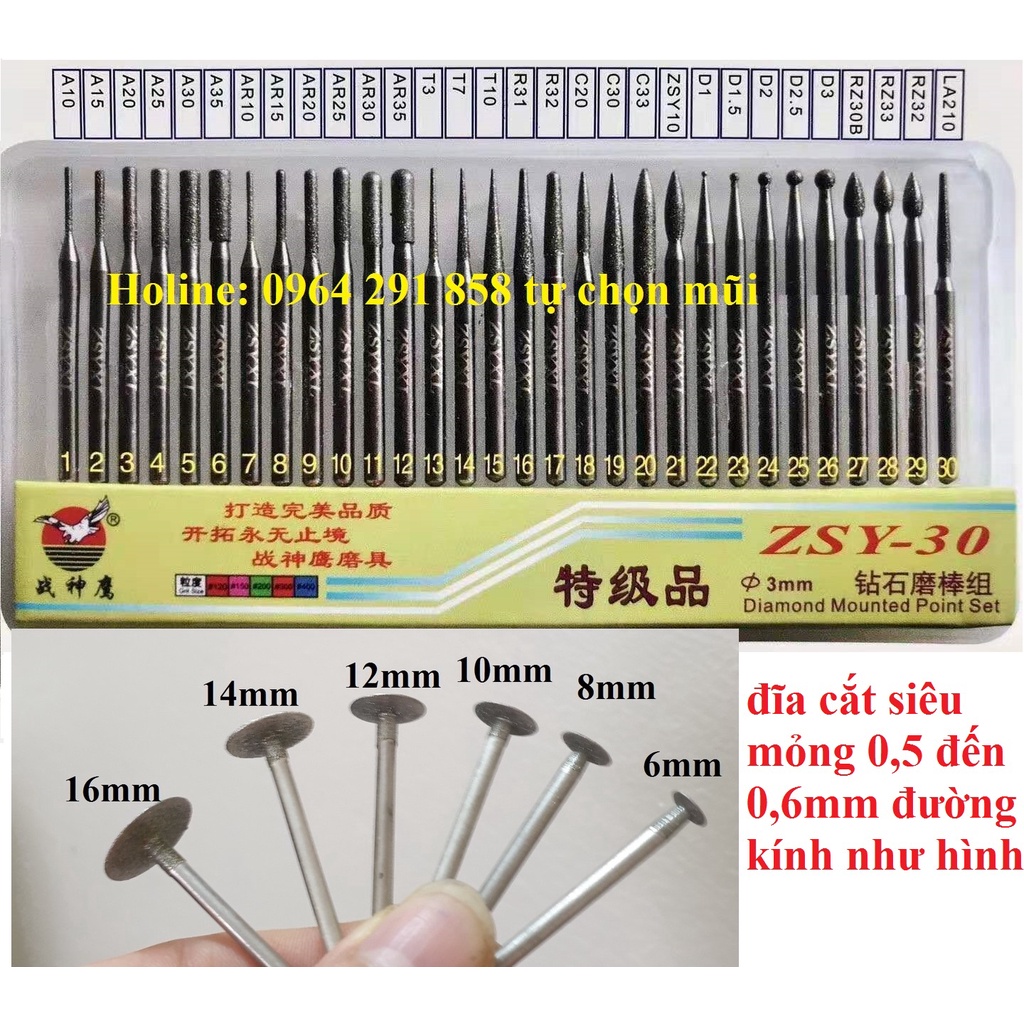 Mũi mài kim cương zsy tự chọn hình - mũi mài hình trụ - mũi mài nhọn - mũi mài đầu tròn - đĩa cắt mini mỏng