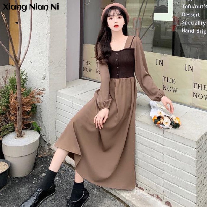 Đầm Xiang Nian Ni dài tay cổ vuông giả hai mảnh chiết eo phong cách cổ điển mùa thu dành cho nữ