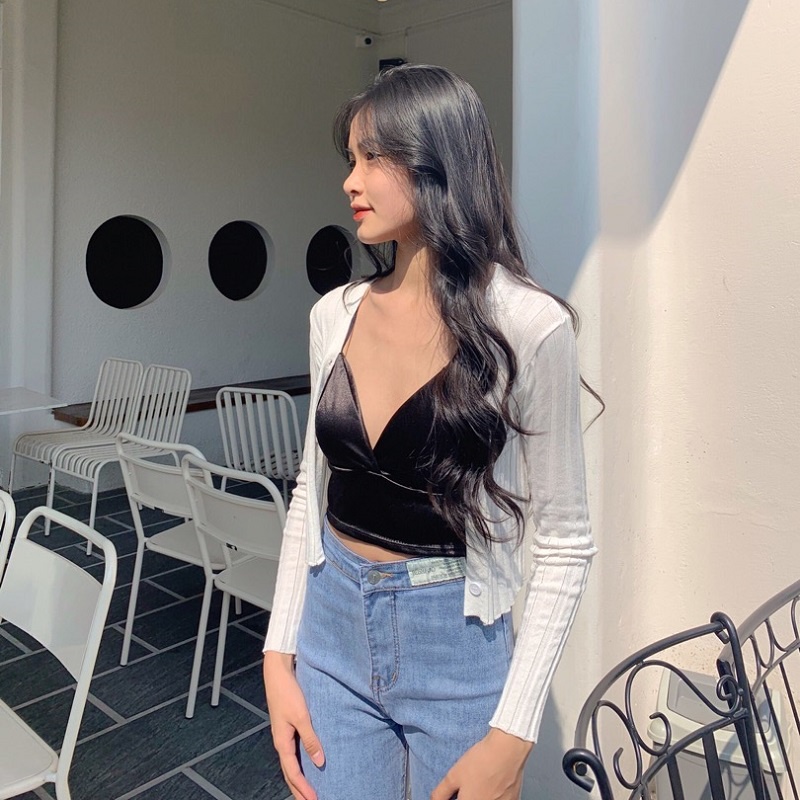 Áo Dáng Ngắn Hai Dây Hở Lưng Quyến Rũ Cổ Xẻ Sâu Cho Nữ