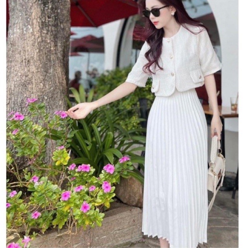 Set áo dạ tuweed trắng kèm chân váy midi xếp ly dự tiệc tiểu thư cúc đồng tiểu thư Vip 128