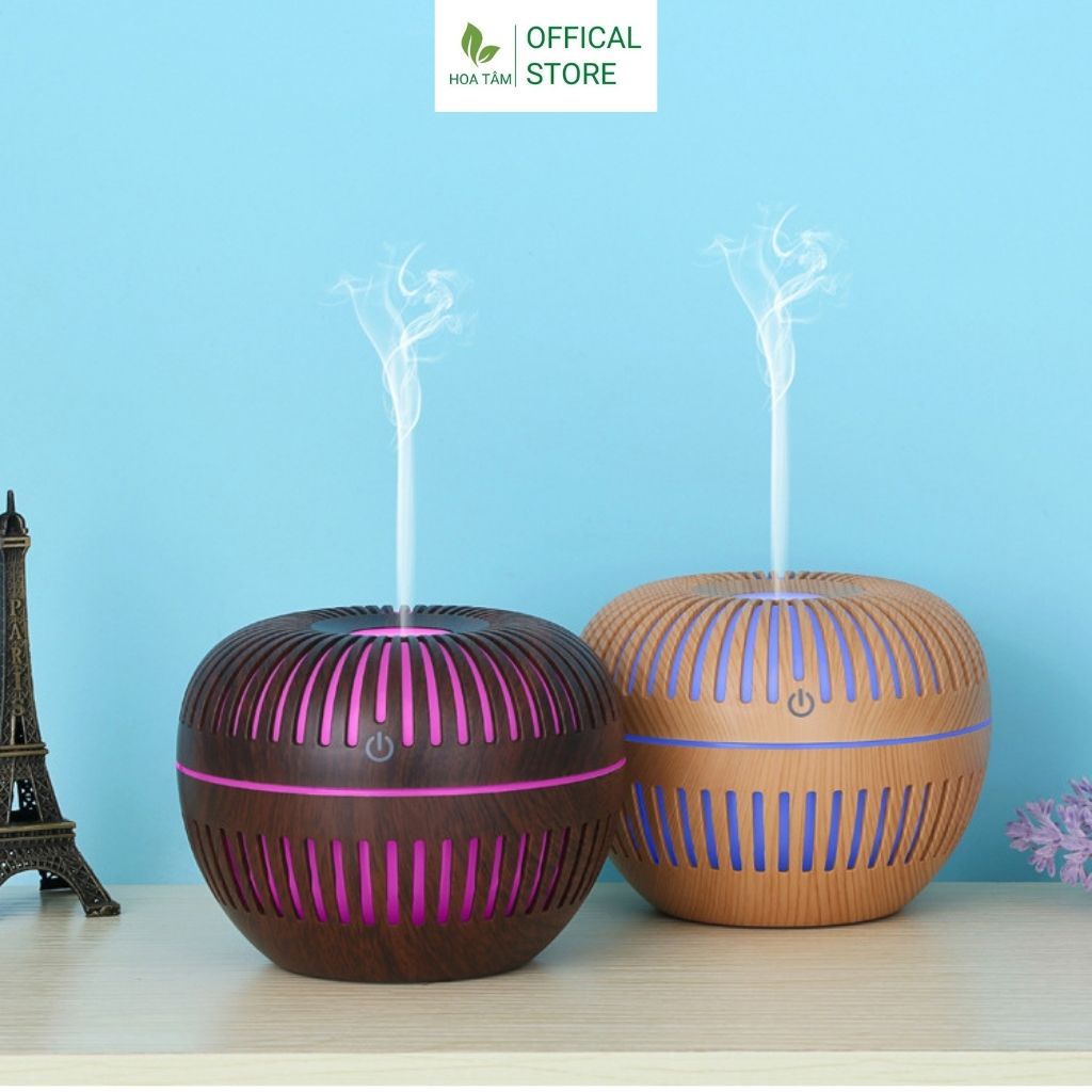Máy xông tinh dầu phòng ngủ phòng khách, hình quả táo vân gỗ, đèn lồng led 7 màu, dung tích 200ml | BH 6 tháng