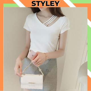 Áo phông nữ ngắn tay cổ chéo chữ V gợi cảm cá tính, Áo thun nữ ôm body cực đẹp dễ thương và gợi cảm STYLEY T008