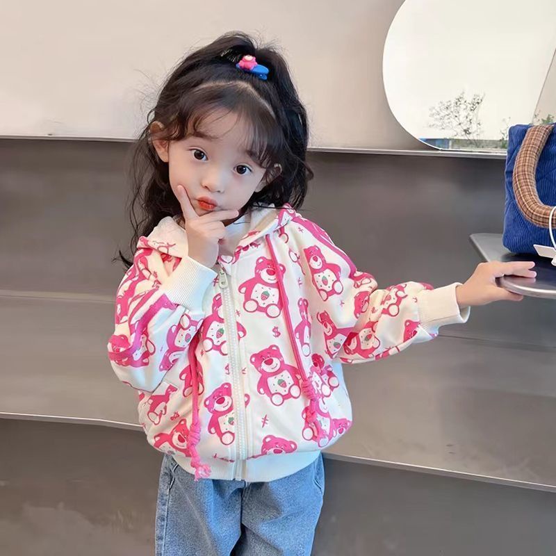 Gấu dâu Cô gái 2023 mới áo len trung bình có khóa kéo và áo khoác lông cừu