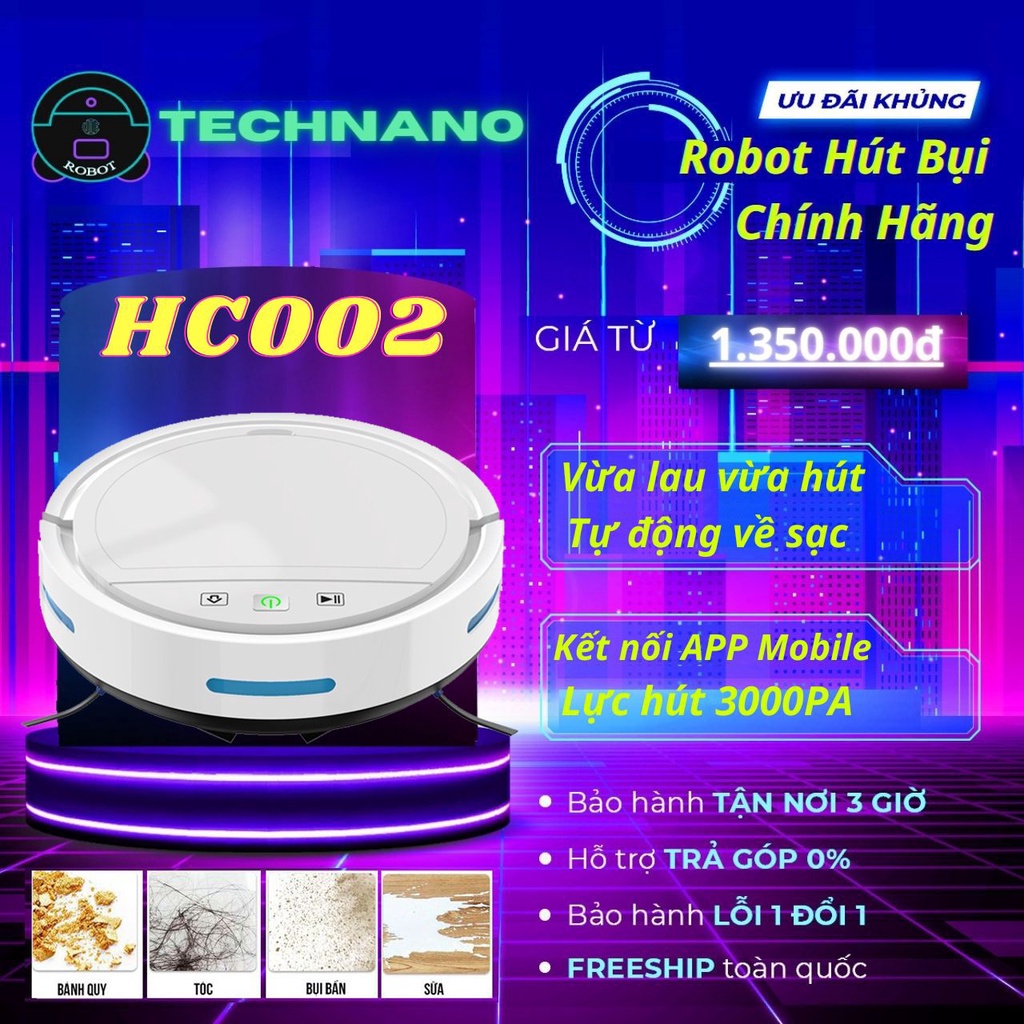 Robot hút bụi lau nhà thông minh - Hút bụi tự động HC002 điều khiển qua app, tự sạc (HÀNG CAO CẤP) lực hút 2500pa