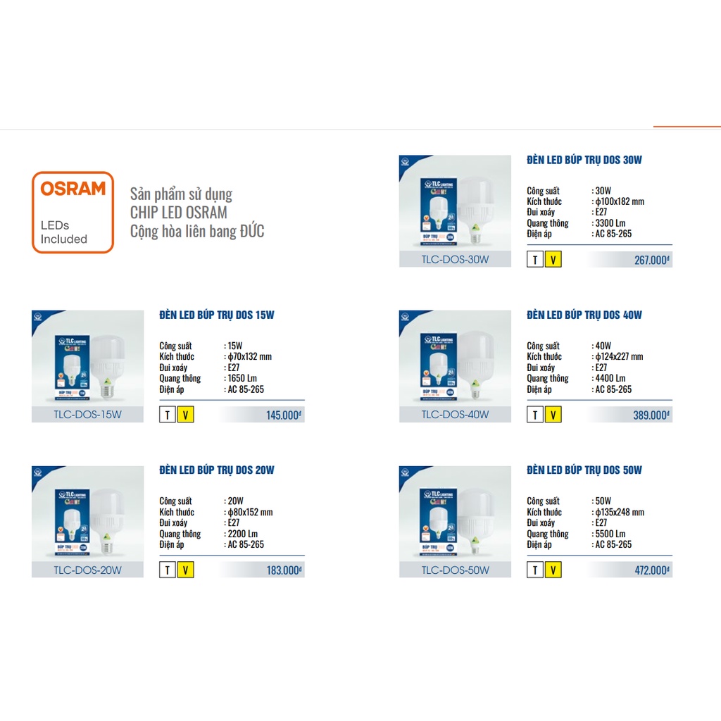 Đèn led Búp Trụ TLC Lighting DOS 15W, 20W, 30W, 40W, 50W, bảo hành 2 năm