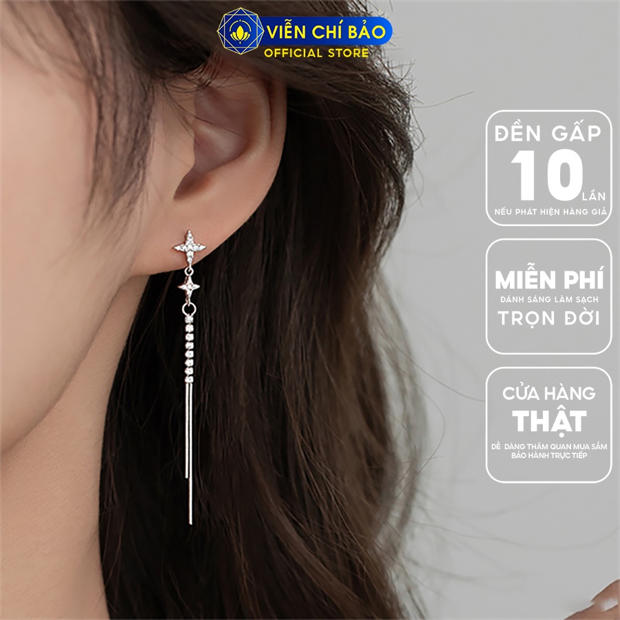 Bông tai bạc nữ sao 4 cánh dài đính đá chất liệu bạc Ý 925 thời trang phụ kiện trang sức Viễn Chí Bảo B000497