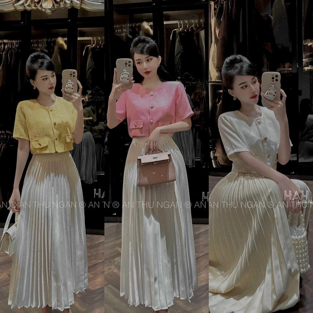 Set bộ đồ nữ tiểu thư áo croptop mix chân váy xếp ly xòe dài siêu xinh dành cho các nàng