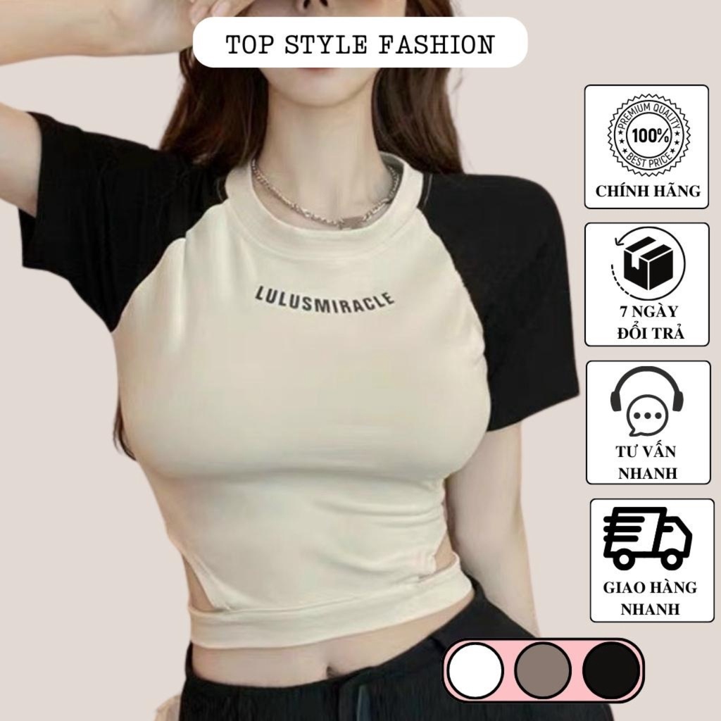 Áo croptop ngắn tay cổ tròn có phối dây eo siêu tôn dáng, áo kiểu nữ ôm body gợi cảm-A5