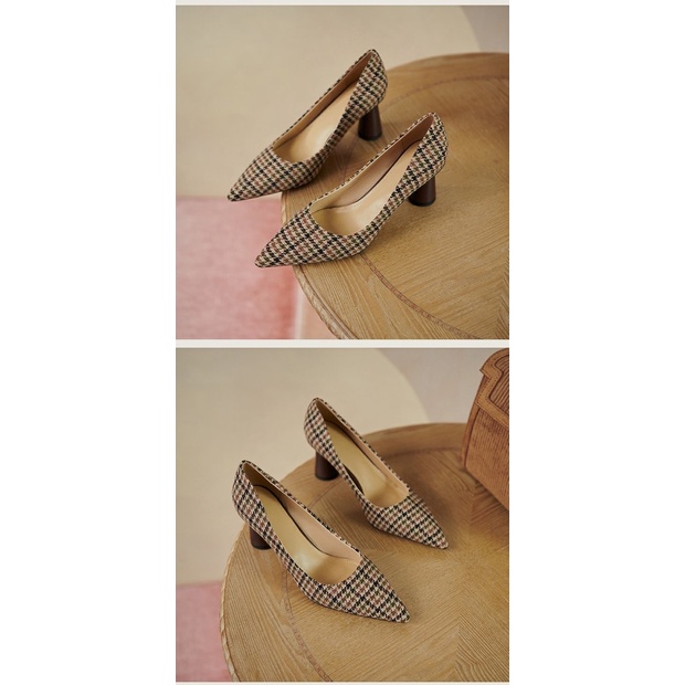 Giày Cao Gót Mũi Nhọn Họa Tiết Sọc Caro Phong Cách Retro