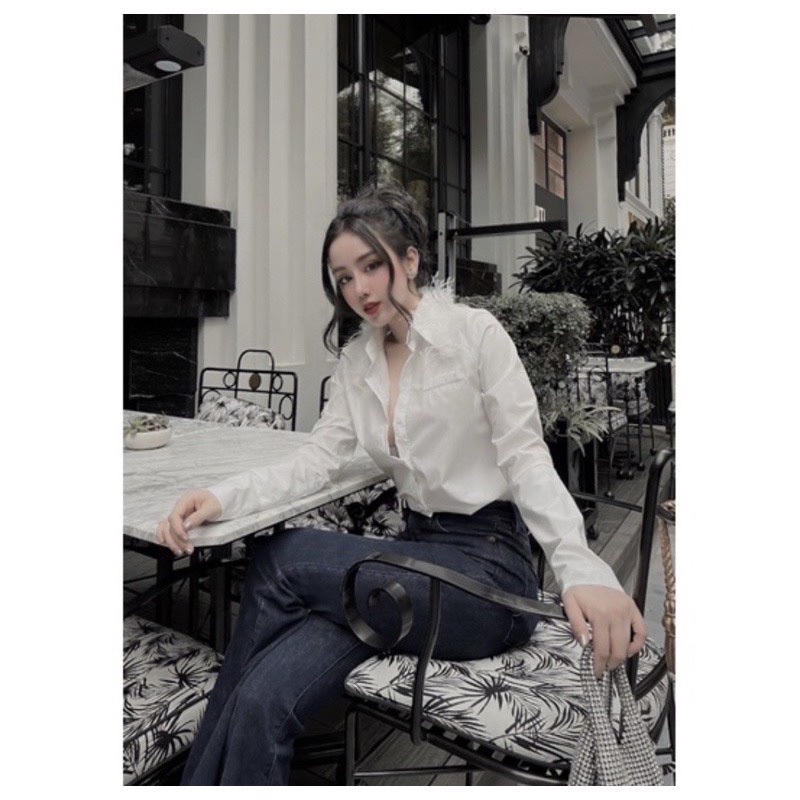 Áo sơmi lông vũ dài tay , Áo sơ mi satin tay dài dáng rộng thời trang hàn quốc L99