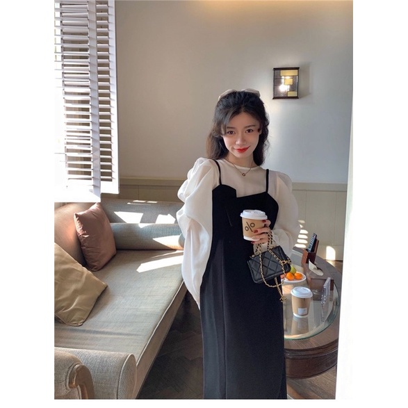 Set váy nhung 2 dây bèo phối áo tơ tay dài