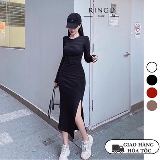 Đầm body cổ tròn tay dài xẻ đùi chất thun gân-ringu shop