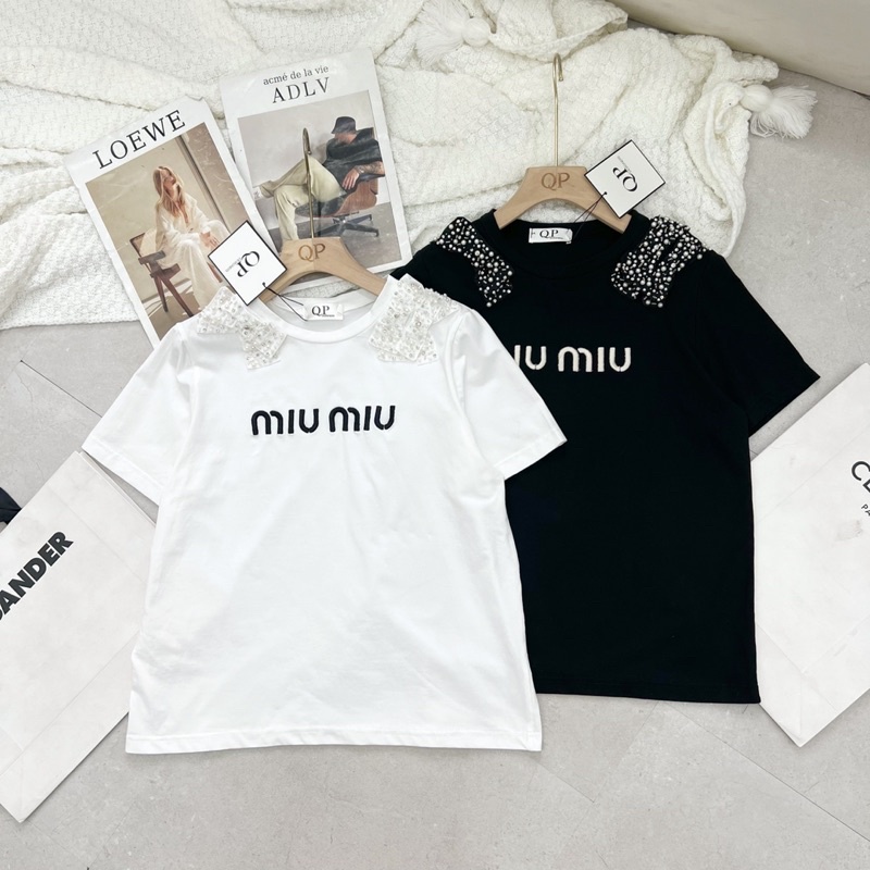 áo phông miu miu vai nơ đá chất mát mịn hàng Qp