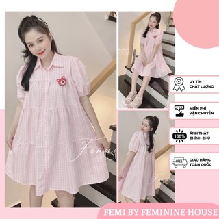Đầm Caro Gấu, đầm gấu cute, váy suông gấu, váy babydoll, váy cổ đức