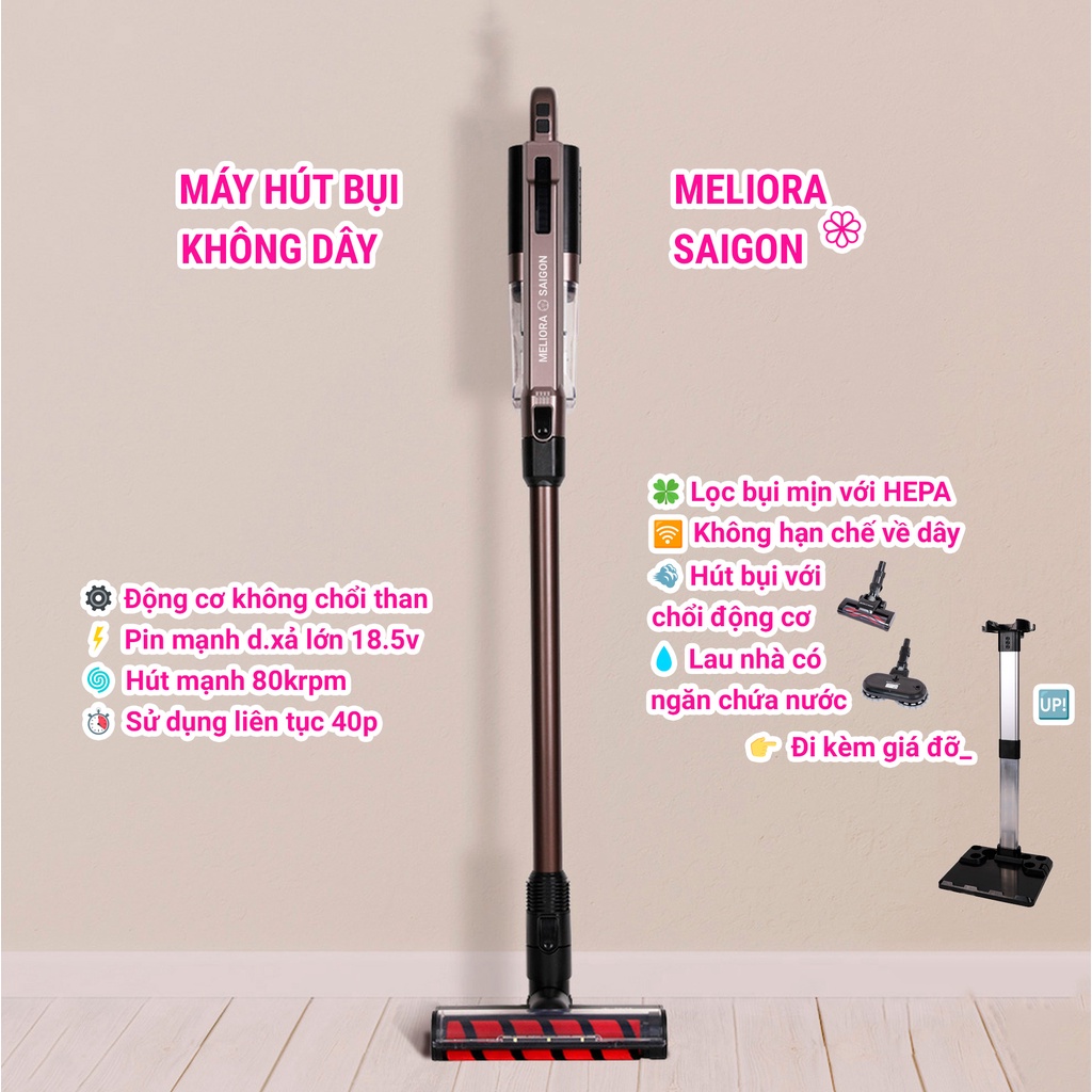 Máy hút bụi không dây cầm tay cao cấp MELIORA động cơ không chổi than BLDC lực hút mạnh pin bền có lau nhà có giá đỡ
