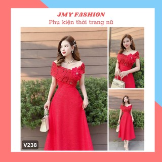 V238, VH238 Váy đầm gấm xoè đỏ bẹt vai dự tiệc [TH RENCY&Hà Thanh] váy đỏ trễ vai dáng dài sang chảnh