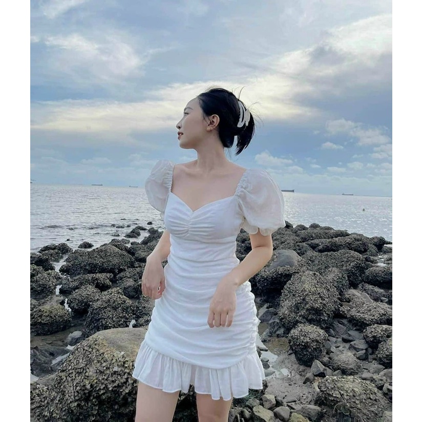 ĐẦM TRẮNG NHÍU NGỰC NHÚN THÂN CUT-OUT NƠ LƯNG